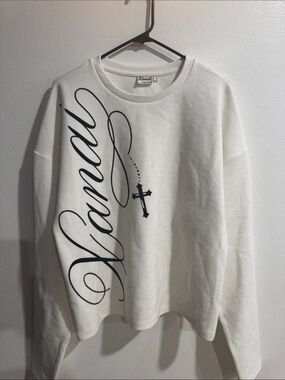 Xanai White Long Sleeve Waffle Knit Tee with Cross Graphic size Medium